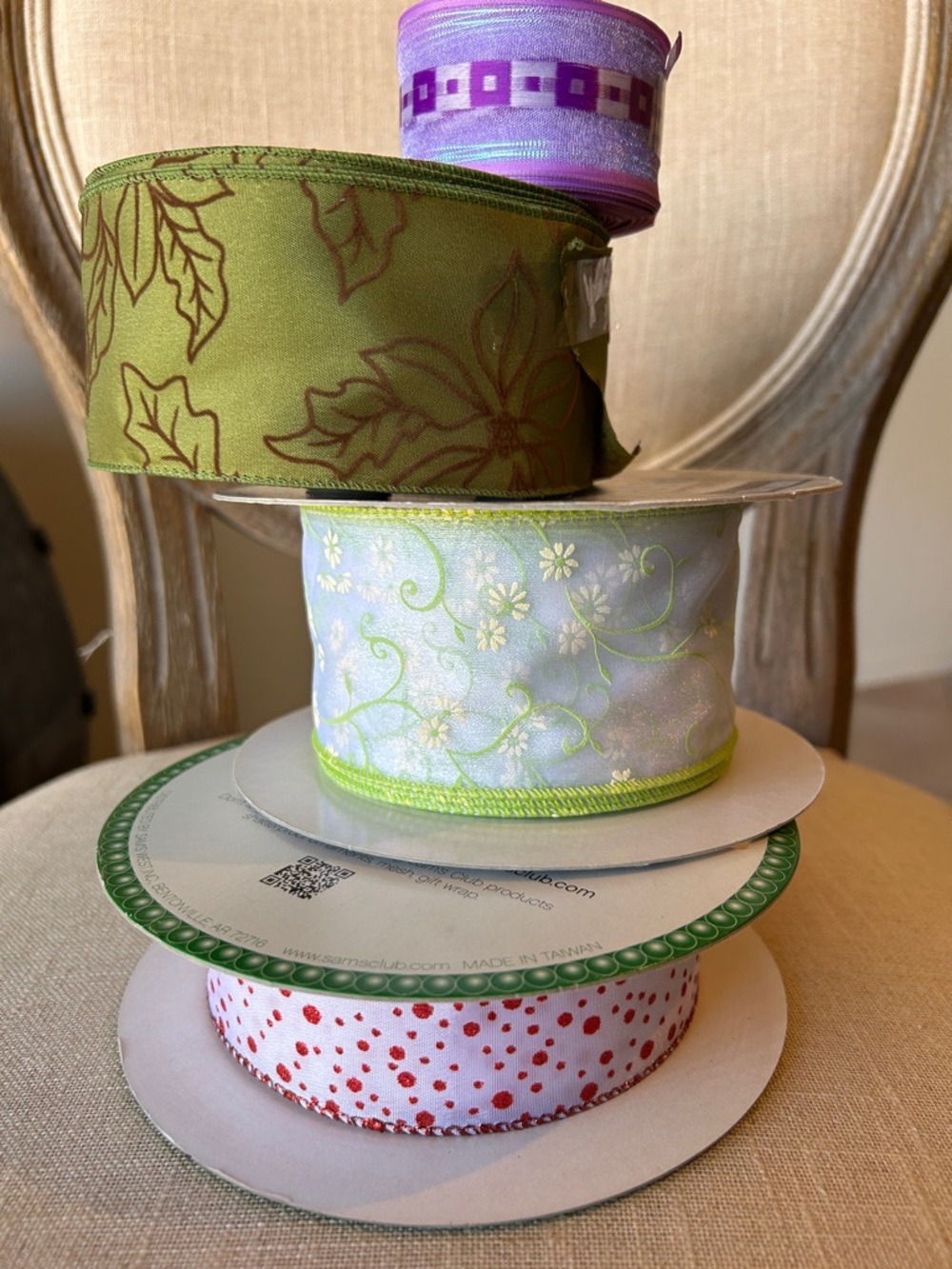 Stack of Decorative Ribbons - Green, Lavender, White, Red